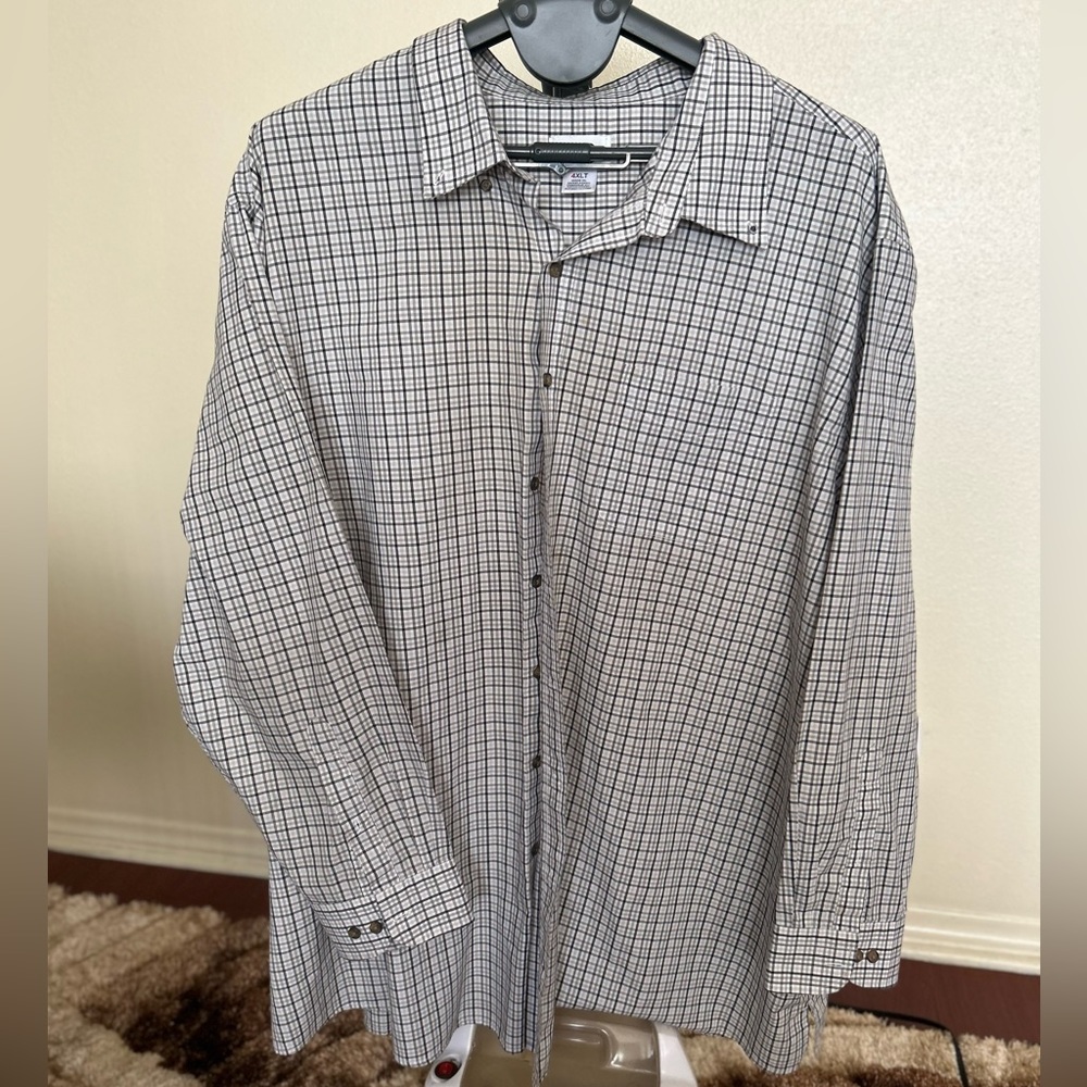 4XLT Harbor Bay grey white plaid shirt with pocket.